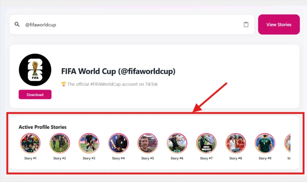 shoiwng all the publically available tiktok stories of the requested username