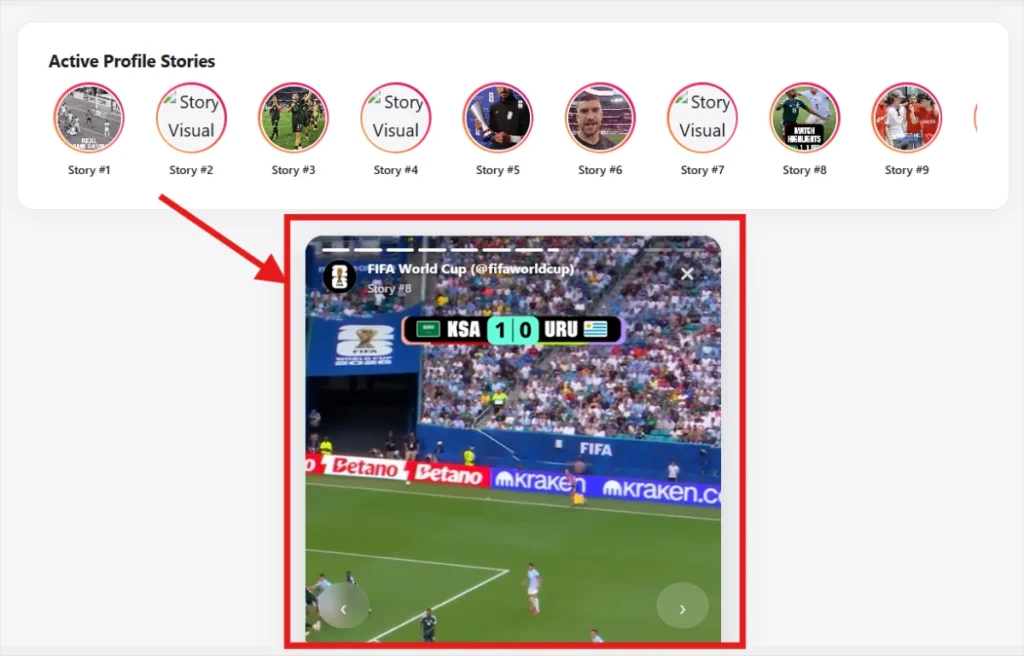 Screenshot of a TikTok story viewer preview screen, Red arrows highlight interactive elements active story thumbnails.