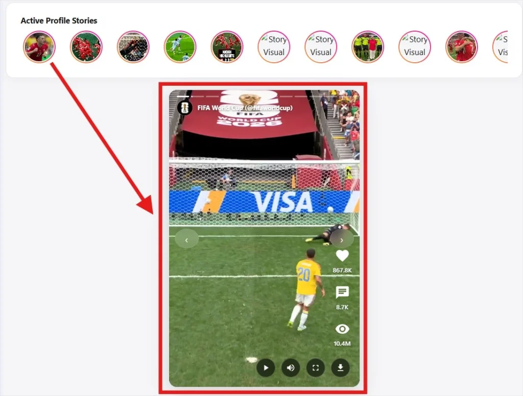 Screenshot displaying the full-screen story preview that opens and plays immediately after a user clicks on a specific story thumbnail.