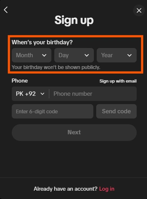 date of birth field on tiktok signup form