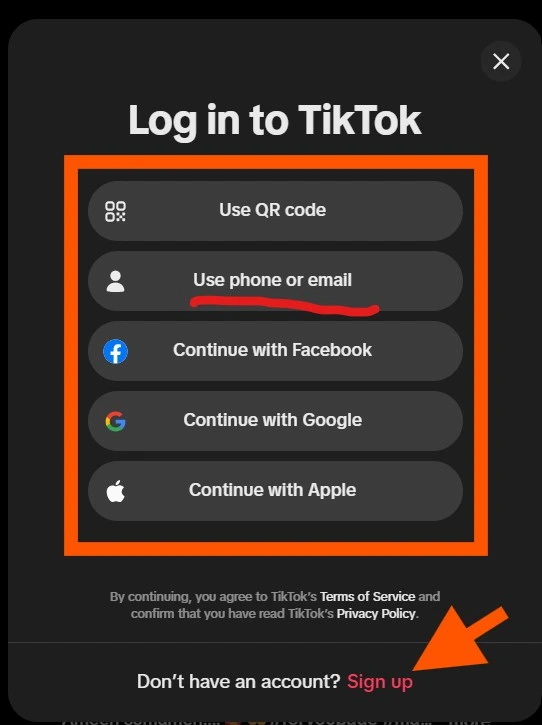 TikTok sign-up screen showing available login methods
