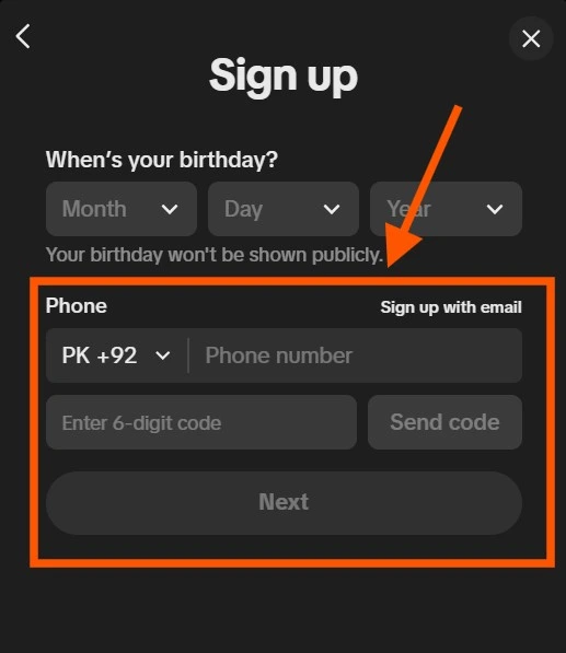 phone or email field on tiktok signup form