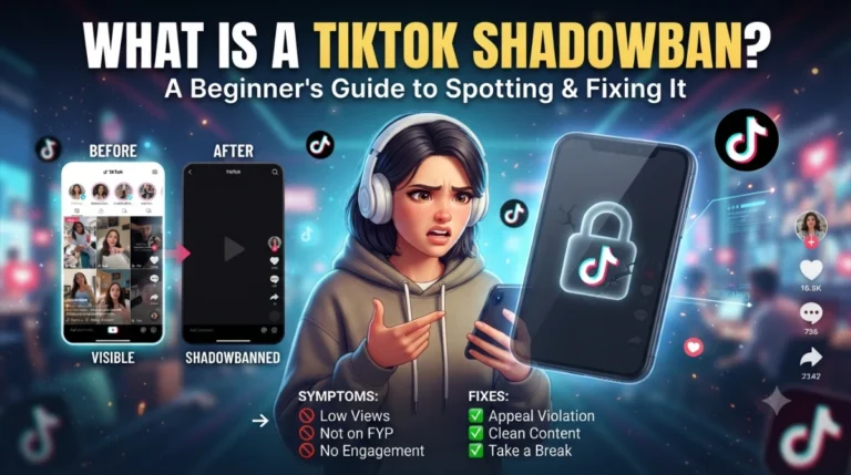 Phone screen showing a TikTok profile with a declining views graph, illustrating how to check for a TikTok shadowban