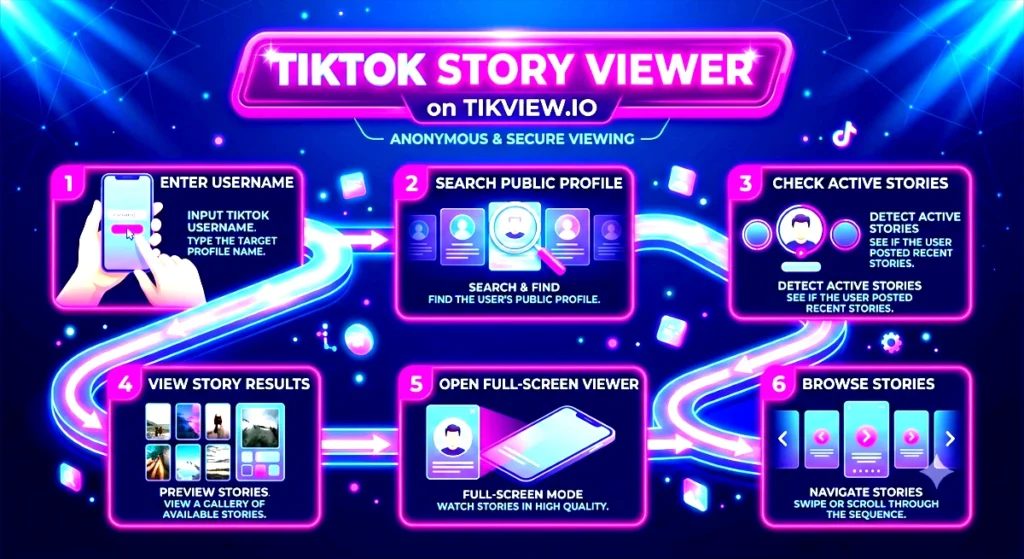 TikTok Story Viewer search process showing the steps from entering a username to viewing active Stories in full-screen.