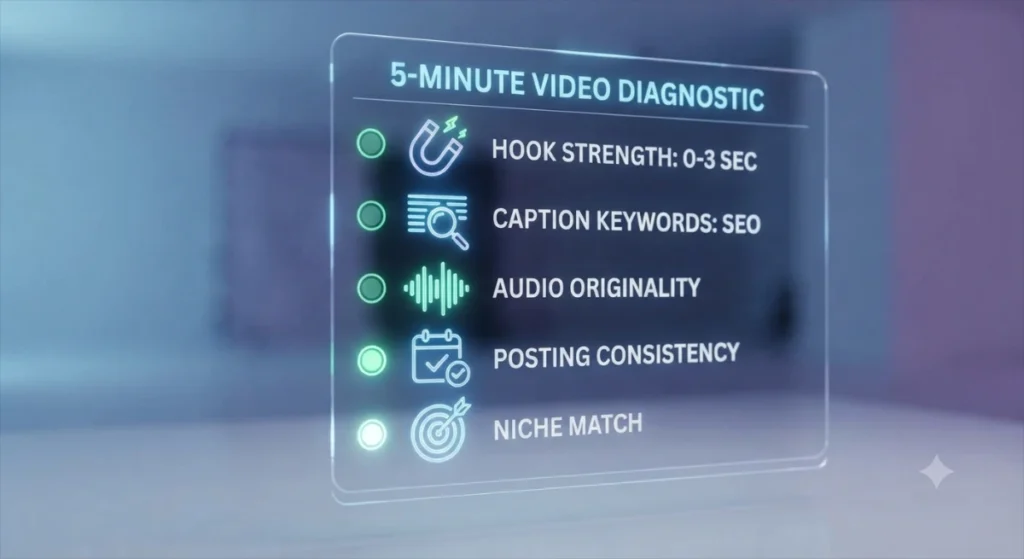 A futuristic holographic interface floating in a minimalist studio, displaying a glowing "5-Minute Video Diagnostic" checklist. Five icons are stacked vertically: a magnet (Hook Strength), a magnifying glass (Caption Keywords), a sound wave (Audio Originality), a calendar (Posting Consistency), and a dartboard (Niche Match). The top three are glowing green, and the bottom two are actively lighting up.