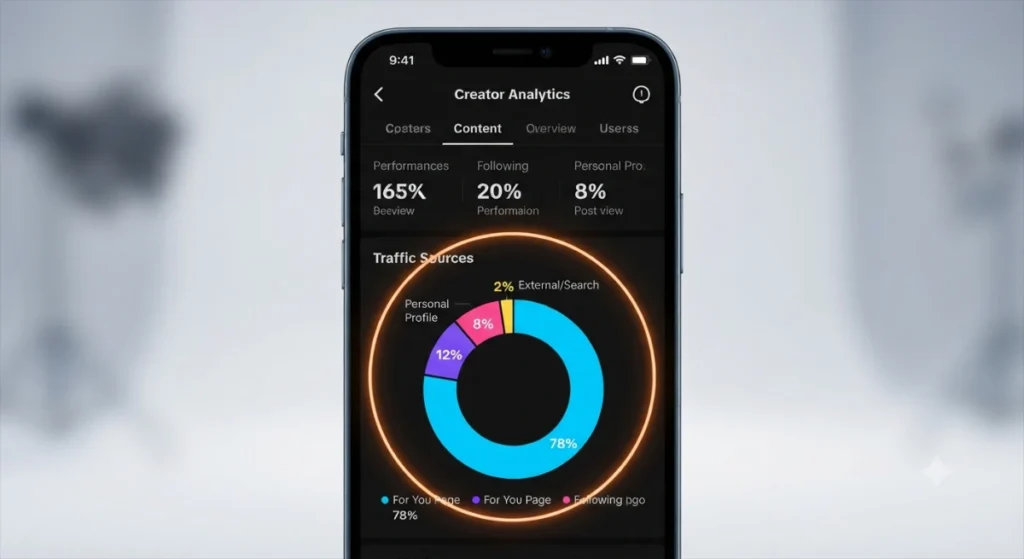 A close-up mockup of a mobile phone screen displaying a dark-mode TikTok Creator Analytics dashboard. The focus is on a donut chart titled "Traffic Sources" which is highlighted by a glowing orange circle, showing a distribution of 78% "For You Page," 12% "Following," 8% "Personal Profile," and 2% "External/Search."
