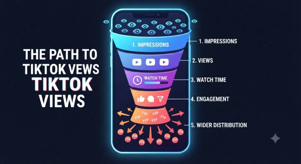 A clean digital infographic visualizing the TikTok viewer journey as a funnel. It shows a wide top labeled "Impressions" narrowing down sequentially to "Views," "Watch Time," "Engagement," and finally "Wider Distribution" at the bottom, set against a dark background with glowing accents.
