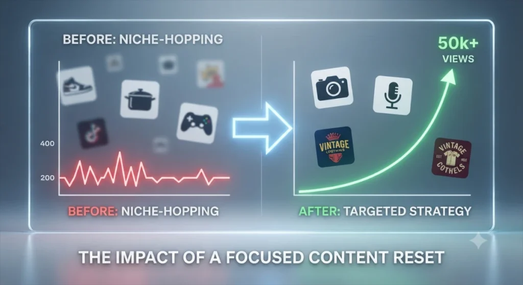 A minimalist data visualization diptych on a glass panel comparing performance. The left side, "Before: Niche-Hopping," shows a jagged red line graph flatlining at low views. A large blue arrow points to the right side, "After: Targeted Strategy," which displays a steep, smooth, green exponential curve soaring to 50k+ views. Icons below the graphs represent confused versus focused content.